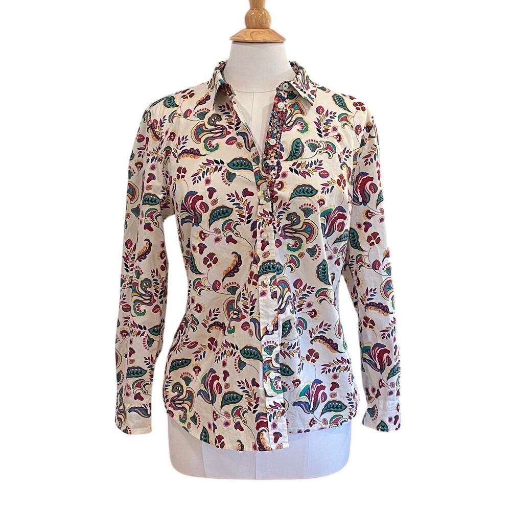Talbots Cotton Floral Button Down Long Sleeve Shirt Contrast Cuffs, Career. LP